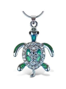 Green Sea Turtle Necklace Silver Tone Pendant with 18 Inch Chain Ocean Jewelry